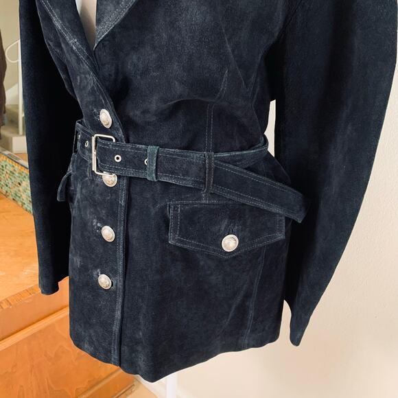 Vintage Jacquelyn Ferrar Size XL Black Suede Leather Belted Jacket Button Front - Picture 5 of 14